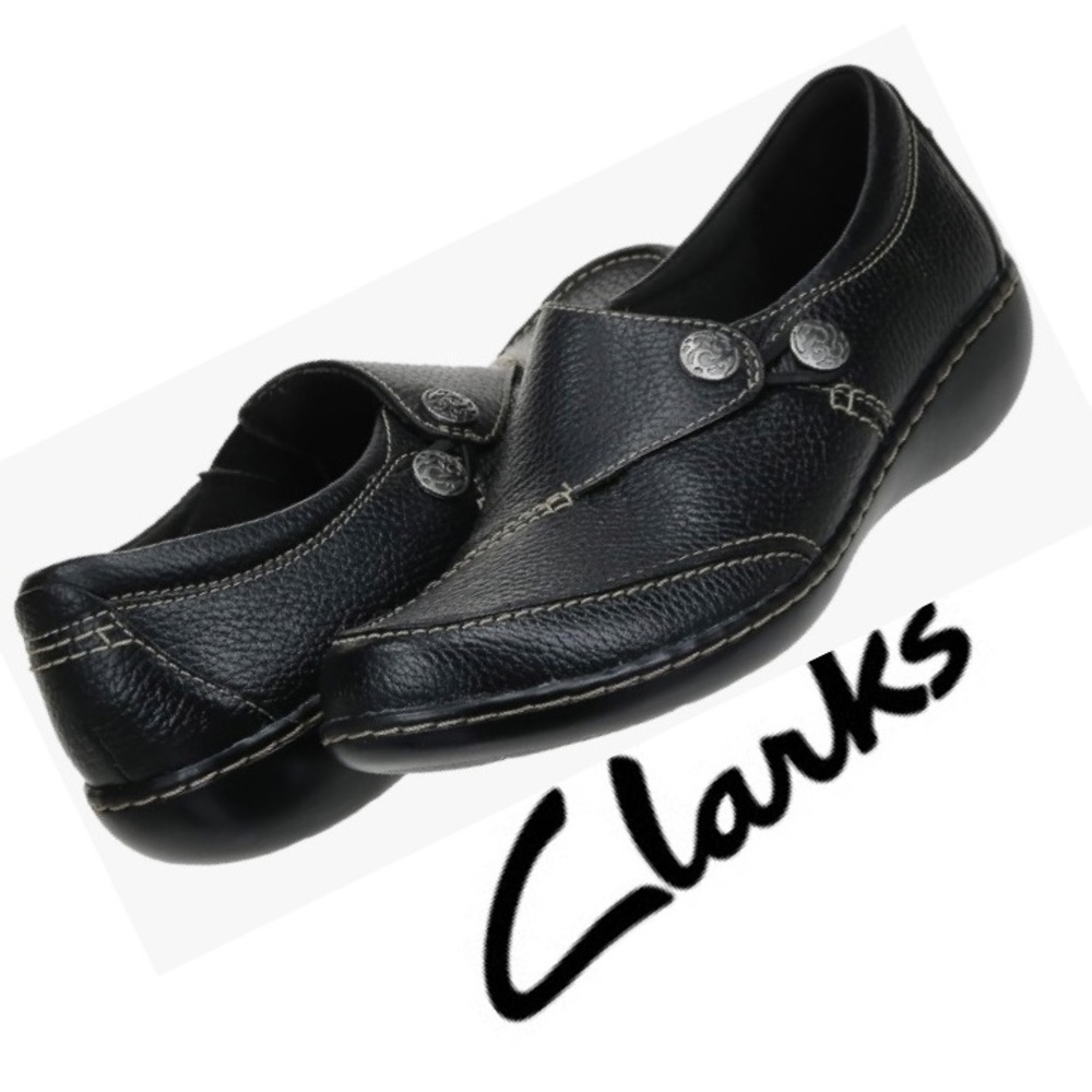 CLARKS Ashland Lane Q Black 100% Leather Slip On Loafer Flats Shoes Size 8N